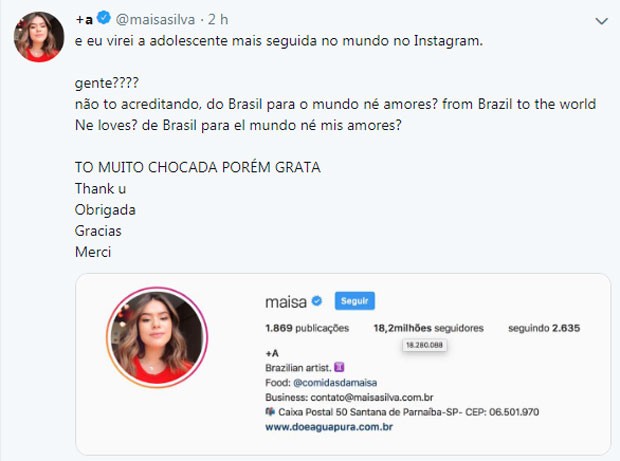 Maisa Silva comemora nova marca no Instagram (Foto: Reprodução/Instagram)