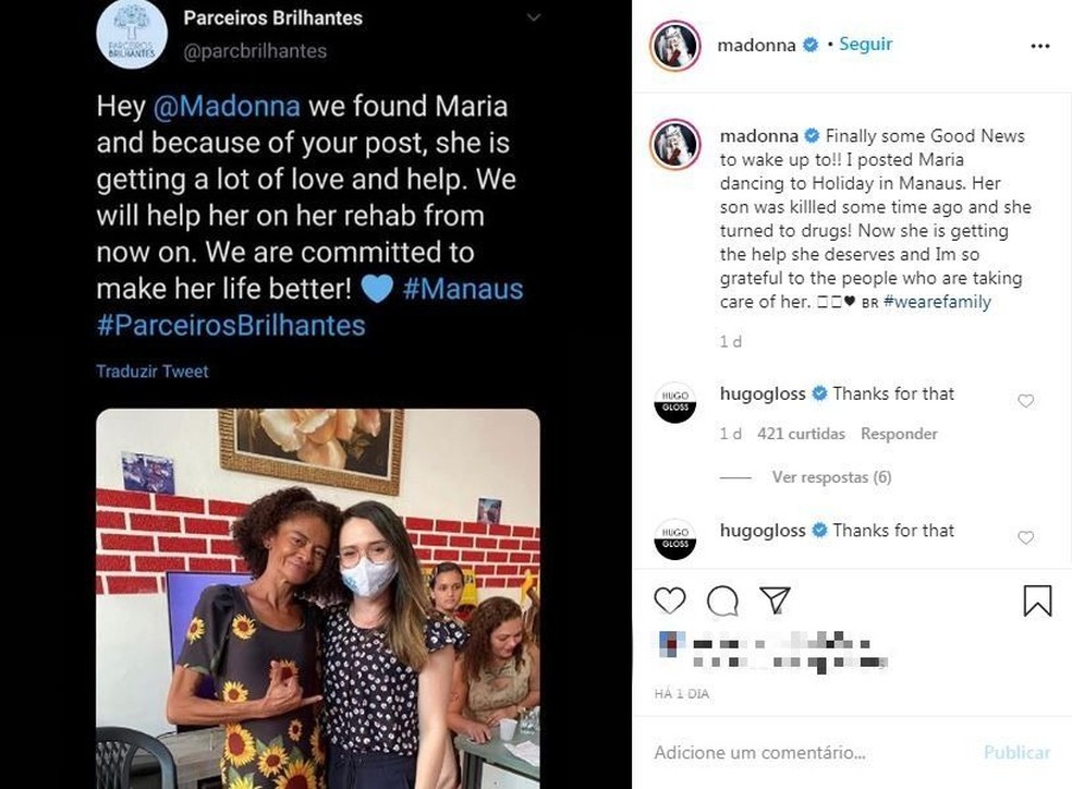 Madonna agradece apoio a ex-moradora de rua de Manaus em postagem em rede social. — Foto: Reprodução/Redes Sociais