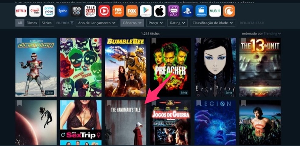 Ação para abrir um título em disponível em serviços de streaming no site JustWatch — Foto: Reprodução/Marvin Costa