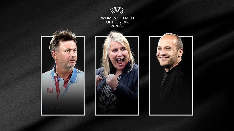 Lluís Cortés, Peter Gerhardsson e Emma Hayes: finalistas entre os técnicos  — Foto: Divulgação / Uefa