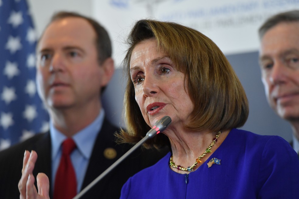 Nancy Pelosi, presidente da CÃ¢mara dos Representantes dos EUA, lidera ofensiva da oposiÃ§Ã£o contra muro de Donald Trump â€” Foto: Emmanuel Dunand/AFP