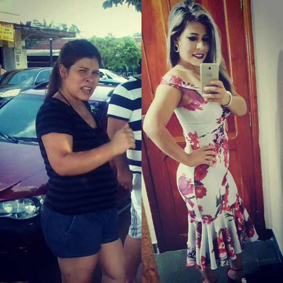 Em 2014, Kaline pesava 87 quilos (esq.) e perdeu mais de 20 quilos com exercícios físicos e mudança na alimentação (Foto: Arquivo pessoal)