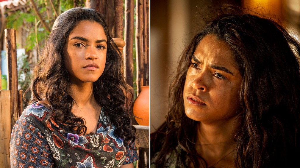 Lucy Alves em cena de 'Velho Chico' (2016) e de 'Amor de Mãe (2019) — Foto: Divulgação/Globo