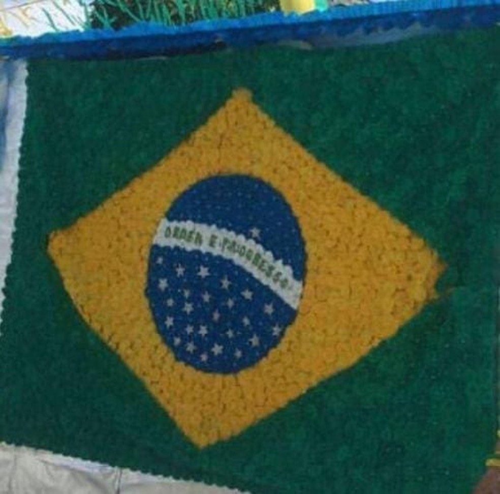 Bandeira toda em fuxico enfeita casa para jogos do Brasil na Copa em Porto Velho — Foto: Arquivo Pessoal