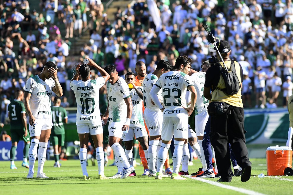 Jogadores do Palmeiras se hidratam durante o jogo contra o Guarani — Foto: Marcos Ribolli