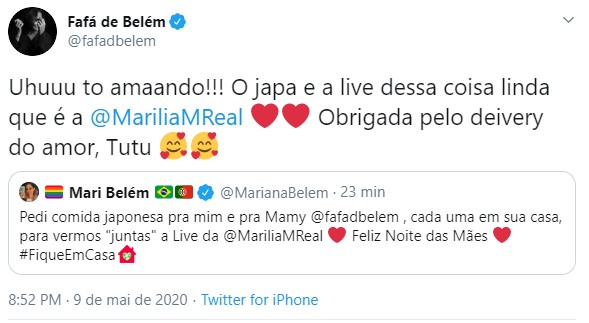 Fafá de Belém e Mari Belém assistem live de Marília Mendonça (Foto: Reprodução/Twitter) Fafá de Belém e Mari Belém assistem live de Marília Mendonça (Foto: Reprodução/Twitter)