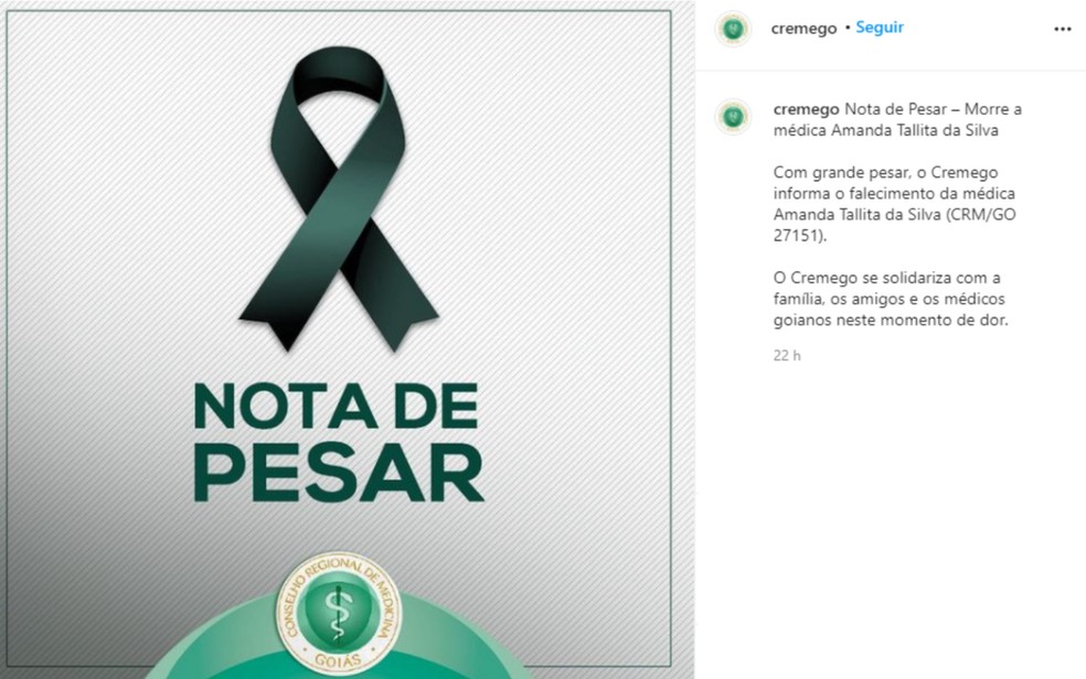 Cremego publica nota de pesar sobre a morte da médica Amanda Tallita, em Goiânia — Foto: Reprodução/Instagram