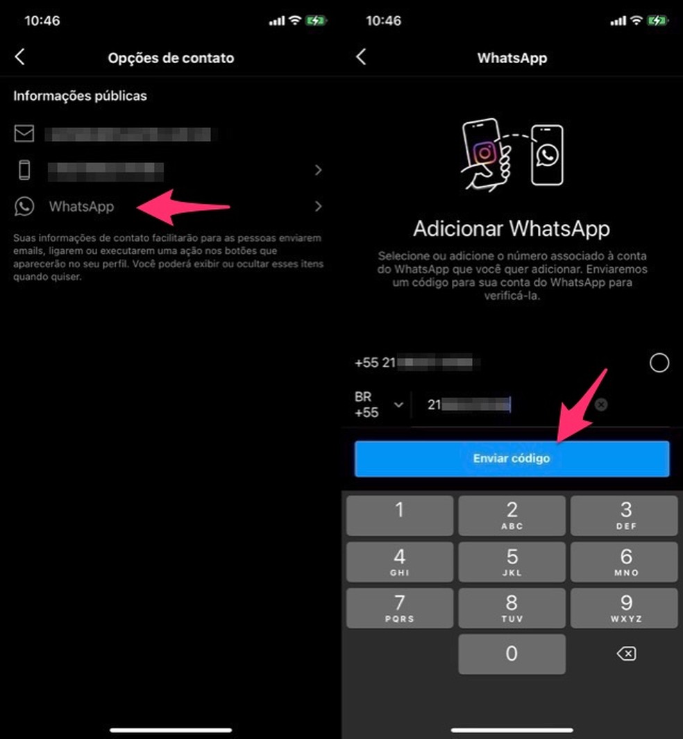 Ação inicial para adicionar o contato de WhatsApp ao Instagram — Foto: Reprodução/Marvin Costa