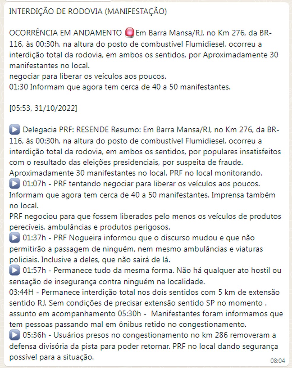 Nota da Polícia Rodoviária Federal (PRF) sobre manifestações em rodovias após resultado das eleições para presidente — Foto: Reprodução