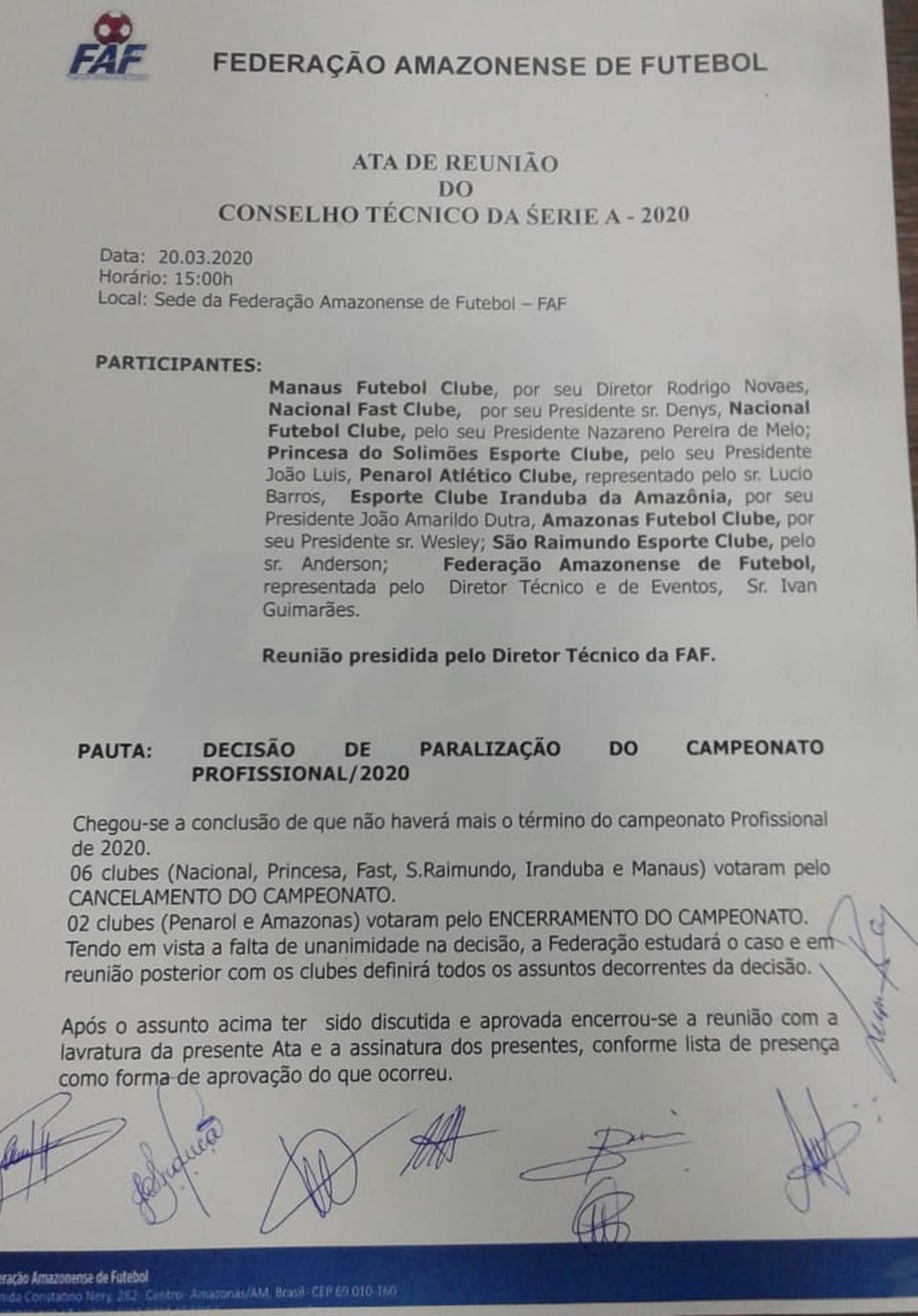 Ata da reunião da FAF — Foto: Divulgação