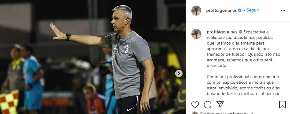 Tiago Nunes se despede do Corinthians com postagem nas redes � Foto: Reprodu��o