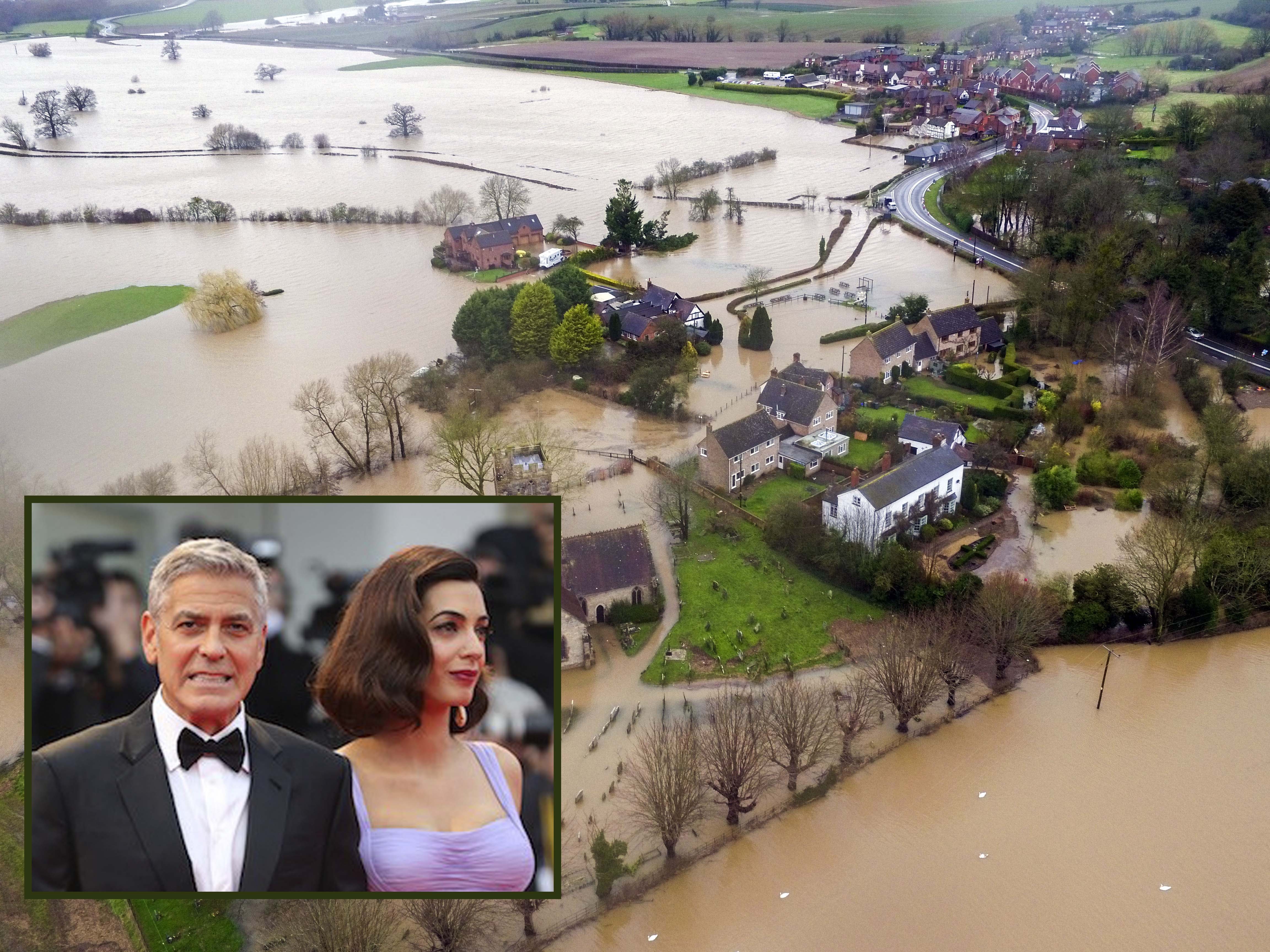 George e Amal Clooney / Imagem de Worcestershire, uma das regiões atingidas pelas tempestades na Inglaterra (Foto: Getty Images)