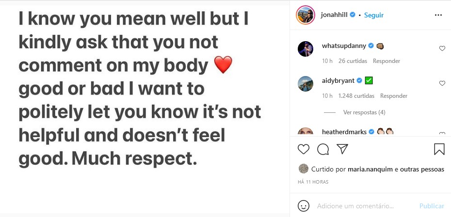 O post do ator Jonah Hill pedindo que as pessoas parem de fazer comentários sobre o corpo dele (Foto: Instagram)
