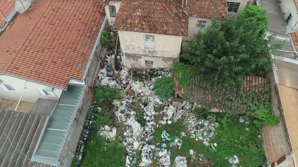 No quintal do casarão foram achados vários criadouros e focos para o mosquito transmissor da dengue — Foto: Reprodução/TV TEM