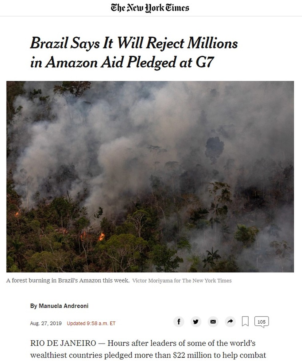 'New York Times' noticia recusa brasileira para ajuda do G7 — Foto: Reprodução/'The New York Times'