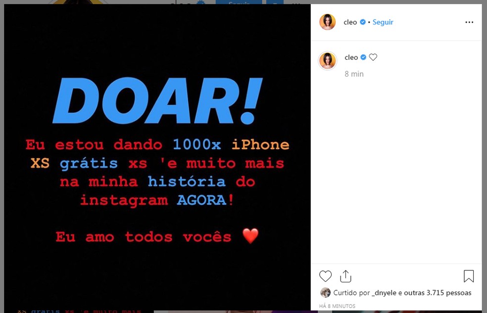 Cleo tem conta do Instagram hackeada  — Foto: Reprodução/Instagram