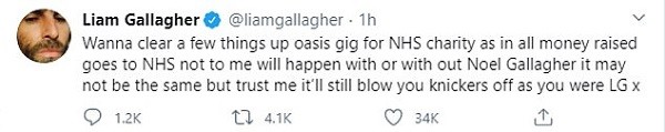 Tweet de Liam Gallagher sobre reunião do Oasis (Foto: Twitter)