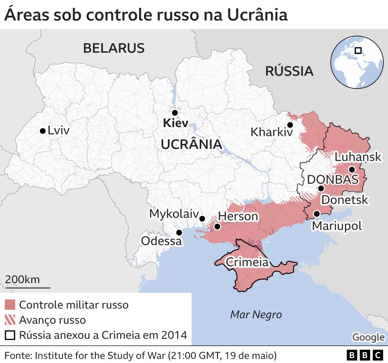 Áreas sob controle russo na Ucrânia (Foto: BBC)