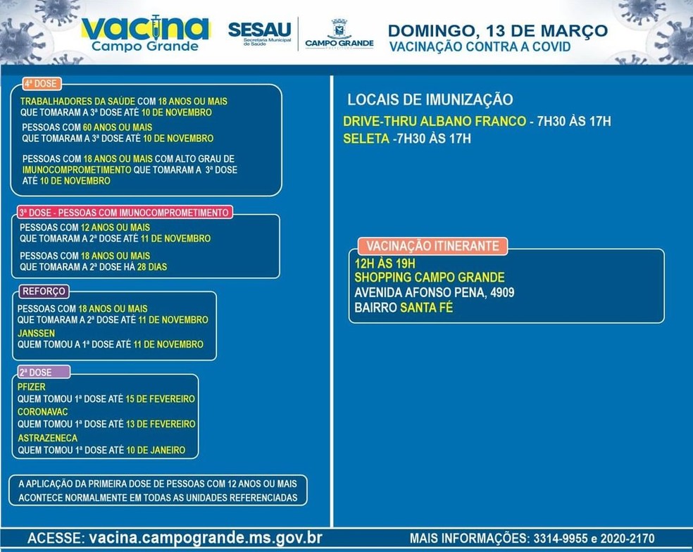 Calendário divulgado pela Sesau para este domingo — Foto: Divulgação/Sesau