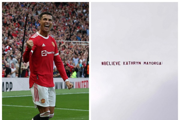 A faixa lembrando a acusação de estupro contra Cristiano Ronaldo presa ao avião que sobrevoou o estádio de Old Trafford no início do jogo que marcou a reestreia do jogador português pelo Manchester United (Foto: Getty Images)