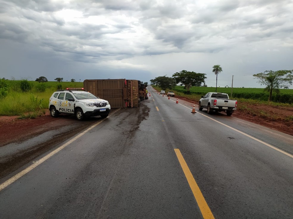 Caminhão ficou tombado no acostamento de rodovia em Turmalina  — Foto:  Divulgação/Polícia Rodoviária Estadual de Jales