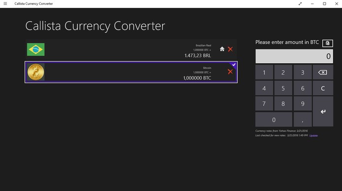 Callista Currency Converter permite calcular valor de Bitcoins para moedas internacionais (Foto: Reprodução/Barbara Mannara)