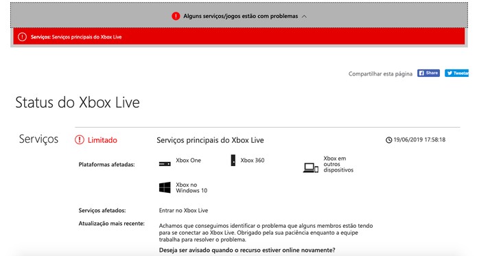Erros são apresentados pela Microsoft na página da Xbox Live — Foto: Reprodução/Felipe Vinha