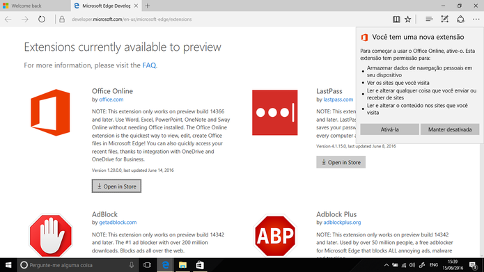 Microsoft Edge do Windows 10 ganhou nova extensão do Office Online (Foto: Reprodução/Elson de Souza)