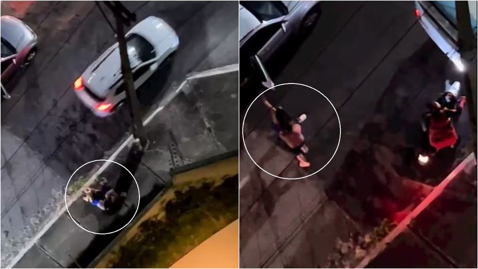 Homem derrubou mulher em calçada, bateu nela e depois colocou a vítima à força em um veículo na Avenida Santos Dumont, no Bairro Aldeota, em Fortaleza. — Foto: Reprodução