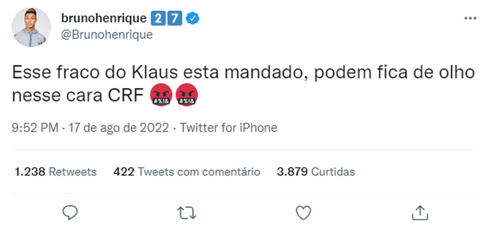 Bruno Henrique critica Raphael Claus — Foto: Twitter