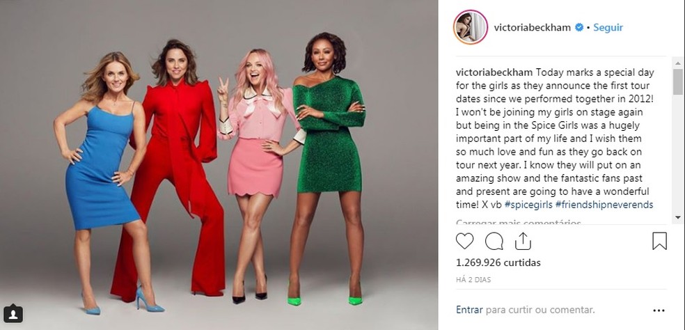 Victoria Beckham diz que não vai participar do retorno de Spice Girls — Foto: Reprodução/Instagram