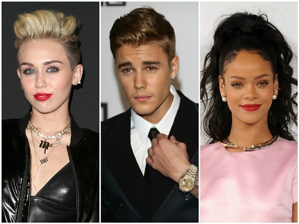 Miley Cyrus, Justin Bieber e Rihanna (Foto: Getty Images)