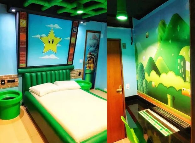 A suíte Mario do Fany Hotel, em Magé (RJ), é inspirada no videogame mais famoso do mundo (Foto: Fany Hotel / Reprodução)