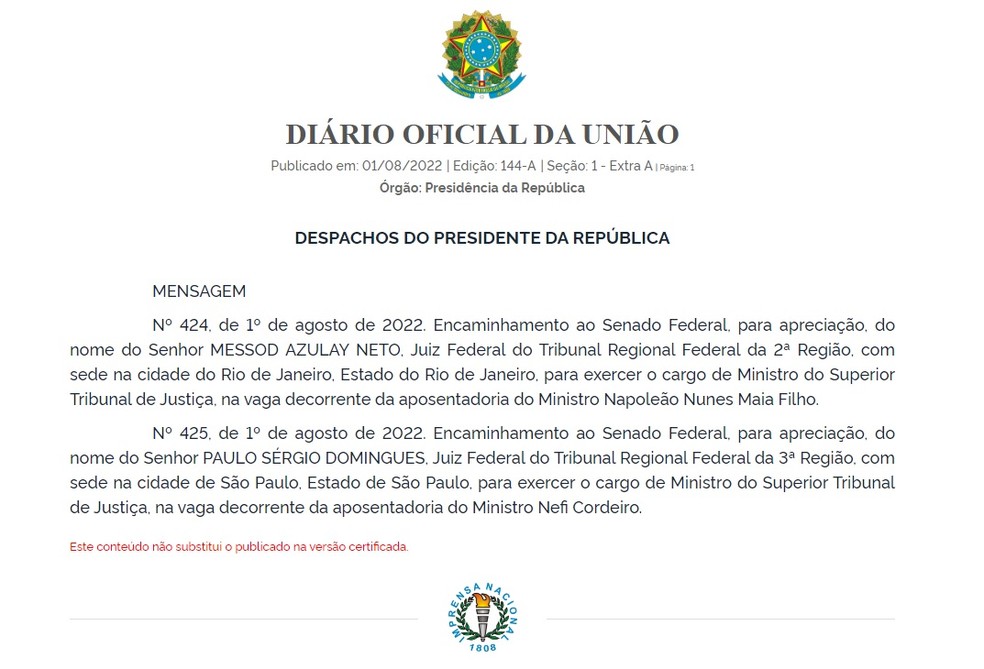 Despacho do presidente Jair Bolsonaro comunica os nomes indicados para as duas vagas do STJ — Foto: Diário Oficial da União/Reprodução