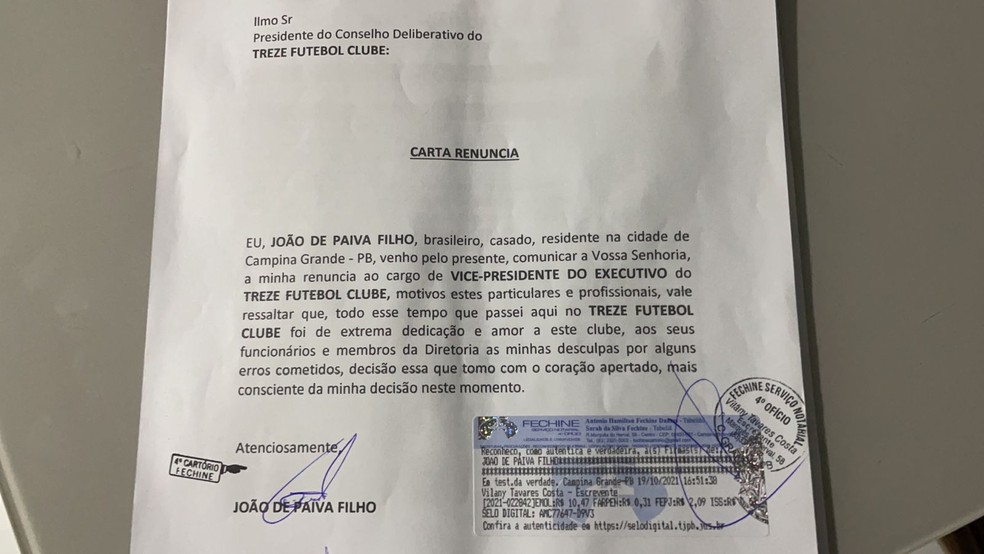 Carta renúncia de Paiva, até então presidente em exercício do Treze — Foto: Divulgação / Redes Sociais 