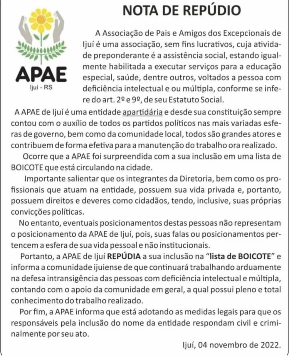 Nota da Apae de Ijuí após lista de boicote — Foto: Reprodução