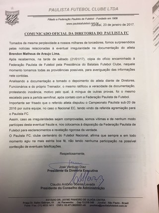 Nota oficial do Paulista de Jundiaí sobre o caso Brendon (Foto: Natália de Oliveira)