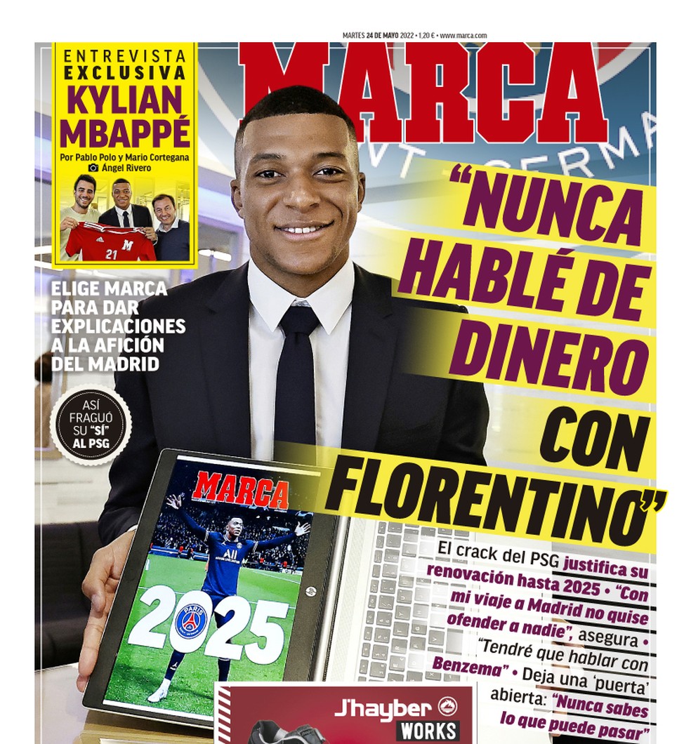 Capa do Marca desta terça, com Mbappé: "Nunca falei de dinheiro com Florentino" — Foto: Reprodução/Marca