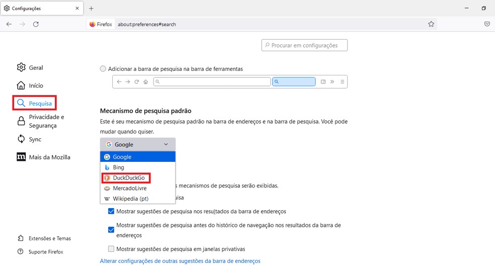 Utilize o DuckDuckGo como buscador padrão no Firefox para garantir maior privacidade — Foto: Reprodução/Juliana Campos