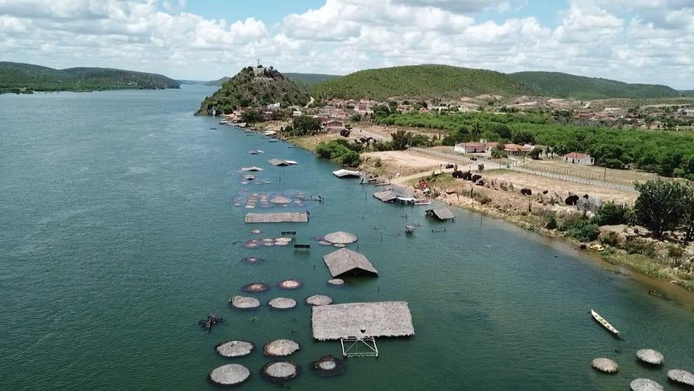 Foto de janeiro de 2022 mostra nível do Rio São Francisco alto, chegando a encobrir barracas em Pão de Açúcar, Alagoas — Foto: Alex Alves/TV Gazeta
