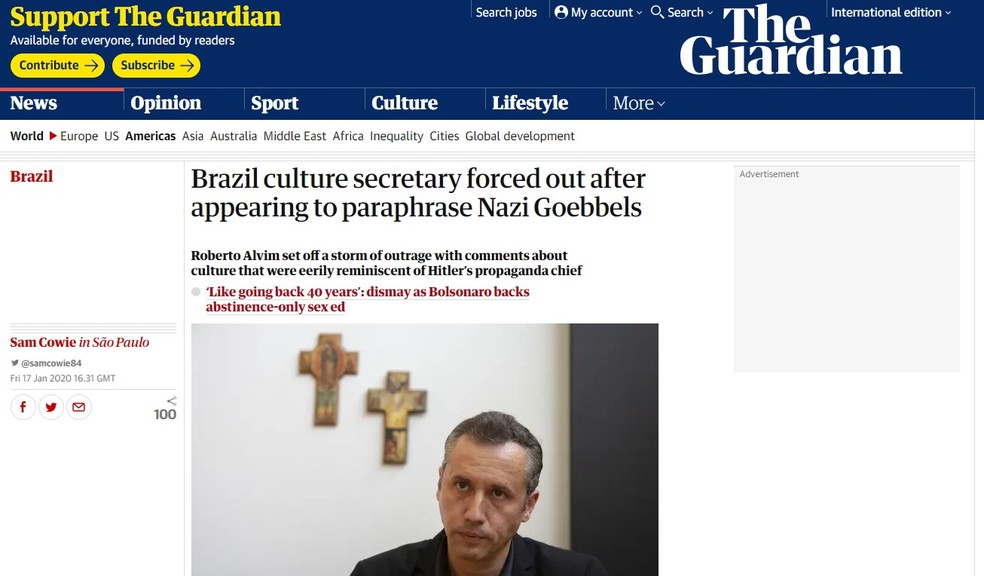 Imagem da página do Guardian com reportagem sobre Roberto Alvim — Foto: Reprodução
