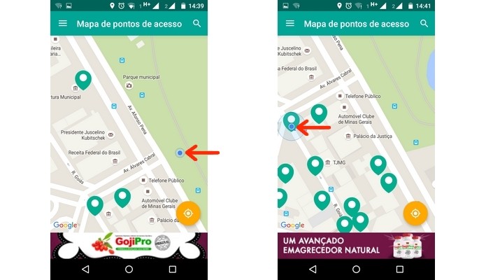 Seta aponta para posição do usuário antes e depois de estar próximo a um ponto de acesso Oi Wi-Fi (Foto: Reprodução/ Raquel Freire)