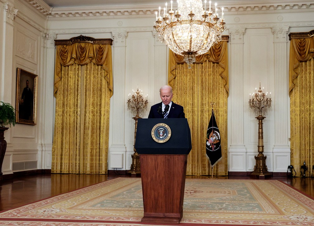 Joe Biden, presidente americano, durante discurso na Casa Branca nesta quinta-feira (24) — Foto: Leah Millis/Reuters