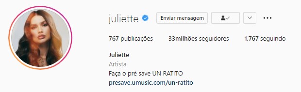 Juliette conta com 33 milhões de seguidores (Foto: Reprodução/Instagram)