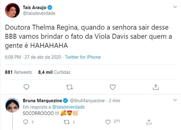 Bruna Marquezine pira com tuíte de Taís Araújo que Viola Davis curtiu (Foto: Reprodução Twitter)