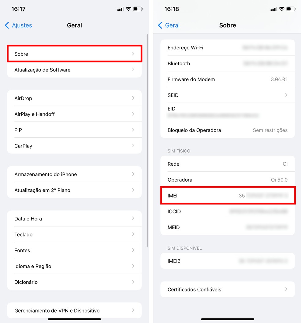 Saiba como consultar IMEI do iPhone pelos ajustes — Foto: Reprodução/Rodrigo Fernandes