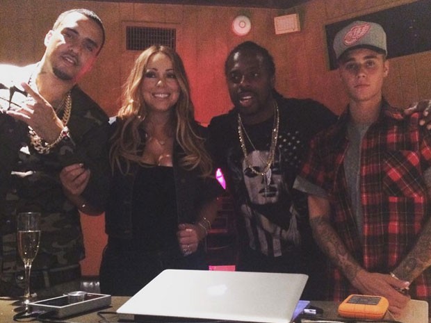 A partir da esquerda: French Montana, Mariah Carey, Eric Hudson e Justin Bieber são fotogrados em estúdio (Foto: Reprodução/Instagram/Mariah Carey)