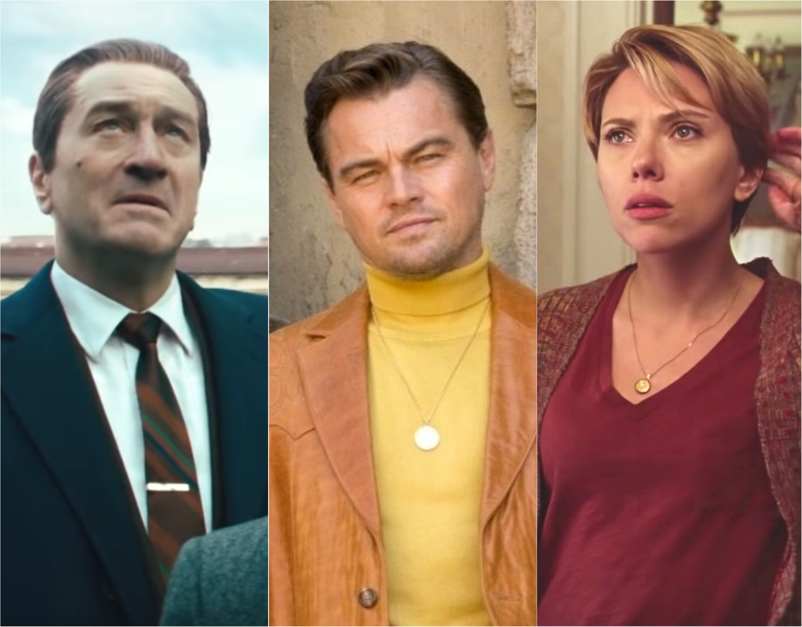 Robert De Niro em 'O Irlandês', Leonardo DiCaprio em 'Era uma vez em... Hollywood' e Scarlett Johansson em 'História de um Casamento' (Foto: Divulgação)