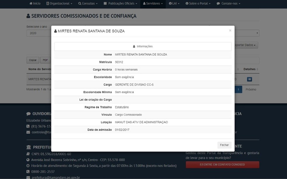 Mãe do menino Miguel aparece como funcionária comissionada na prefeitura de Tamandaré — Foto: Reprodução/Portal da Transparência de Tamandaré