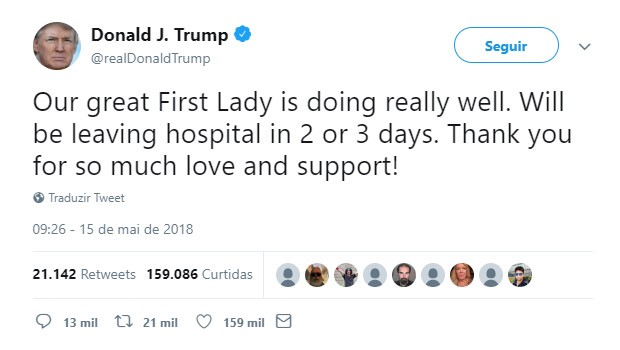 Post de Donald Trump um dia após cirurgia de Melania Trump nos rins (Foto: Reprodução/Twitter)